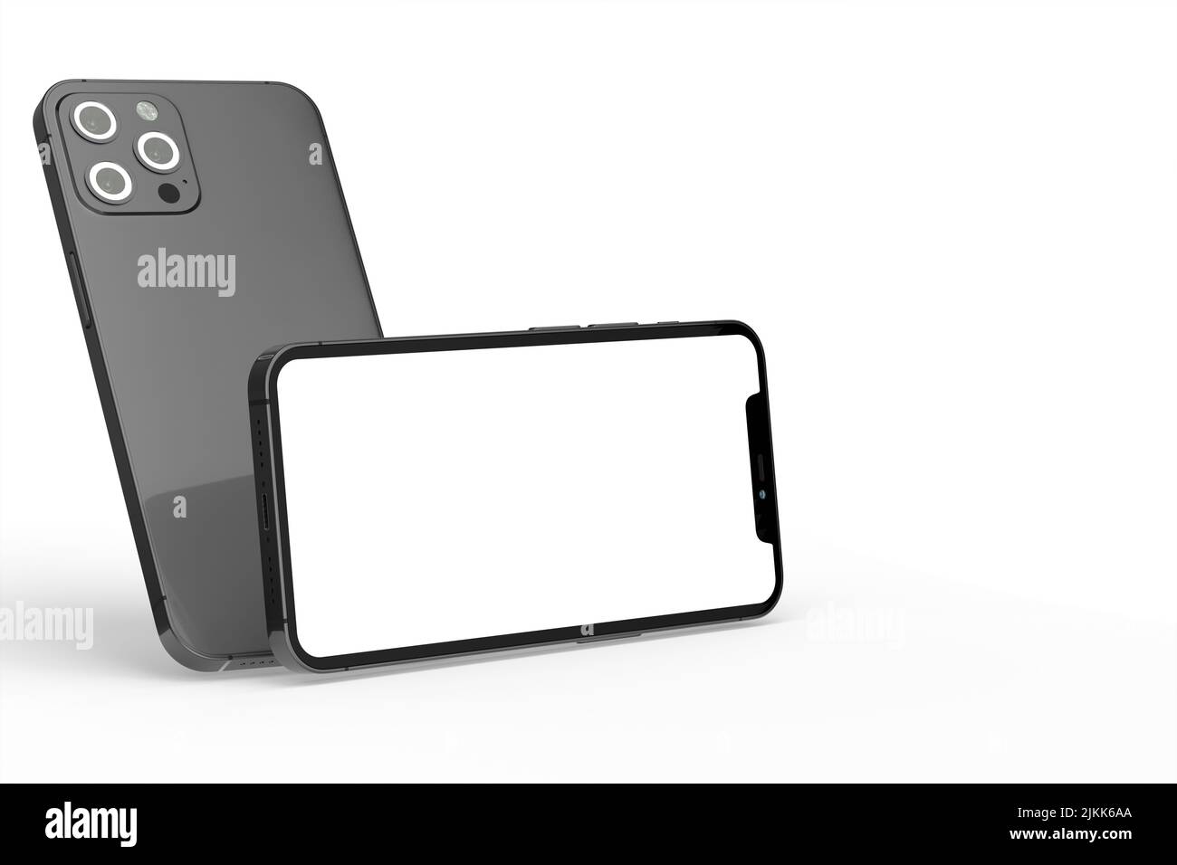 Ein 3D gerendertes modernes schwarzes Smartphone auf weißem Hintergrund mit Platz für Text Stockfoto