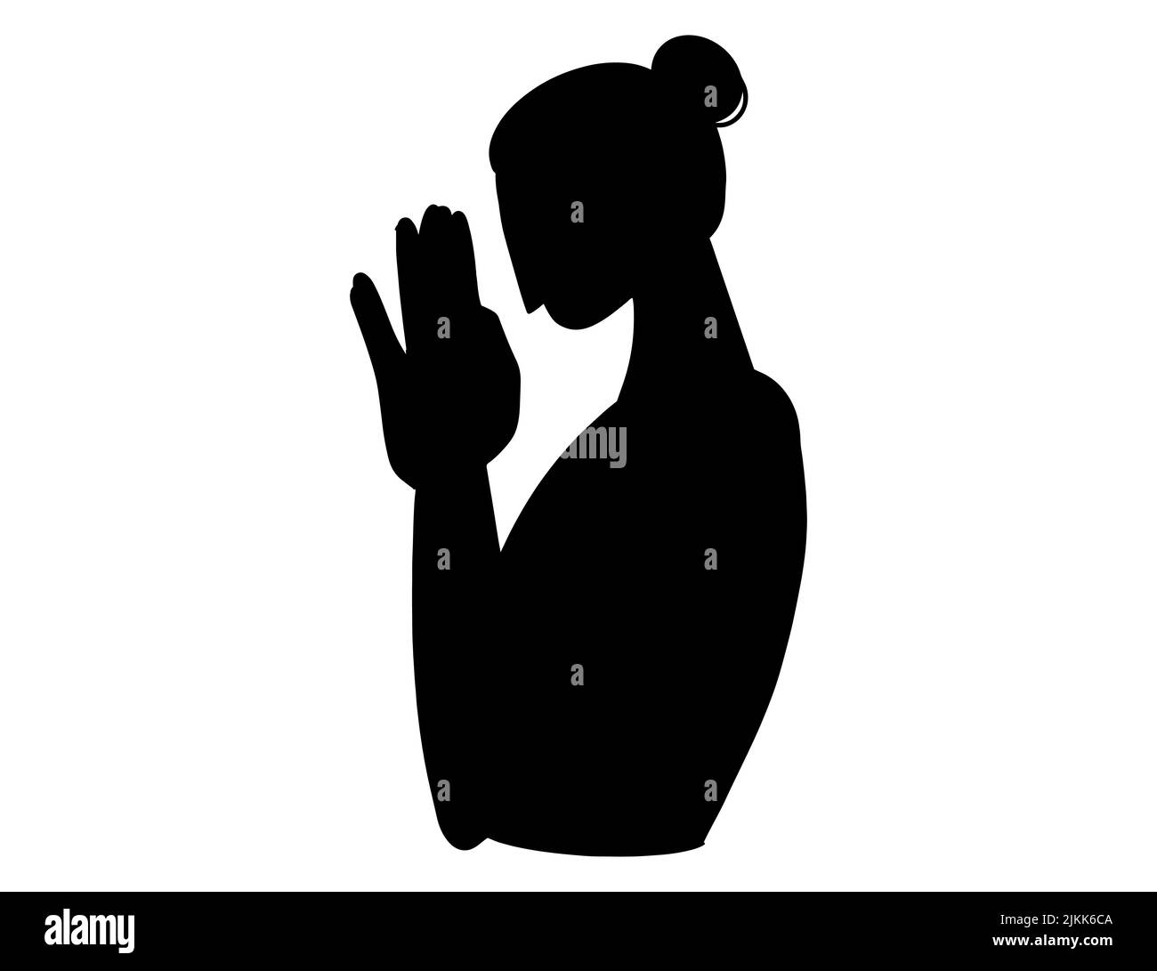 Eine schwarze Silhouette einer Frau, die die Hände hebt, um einen Wunsch zu machen und zu beten, Hoffnung Stock Vektor