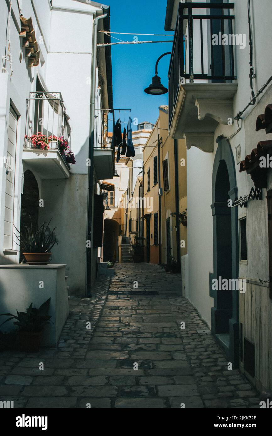 Eine vertikale Aufnahme einer Straße zwischen den alten Gebäuden einer alten italienischen Stadt Termoli Stockfoto