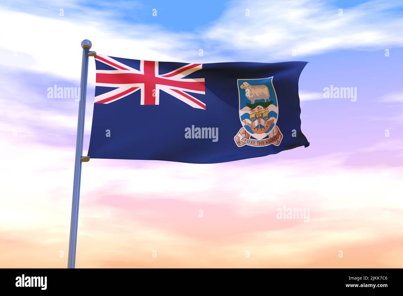 Winkende Flagge der Falklandinseln (Malvinas) mit Chrom-Fahnenmast in blauem Himmel, der im Wind winkt. Hochauflösendes Flag mit Klarheit. 3D Abbildung Stockfoto