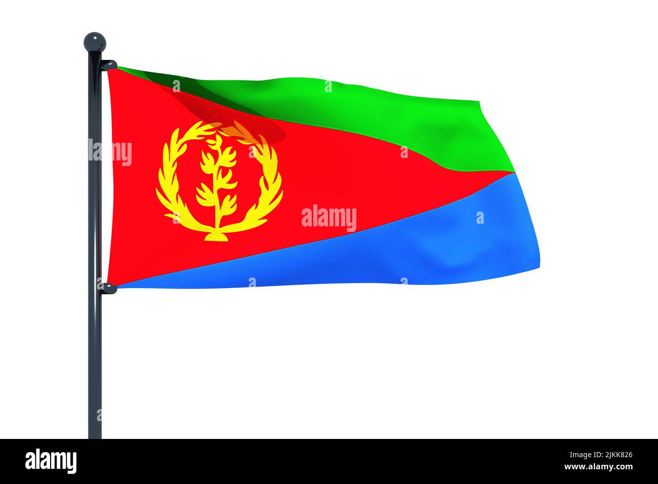 3D Abbildung der Flagge von Eritrea mit Chrom-Fahnenmast mit Karabinerhaken winken in blauen Himmel. Weißer Hintergrund durch einen Alpha-Kanal von großer Präzision. Stockfoto