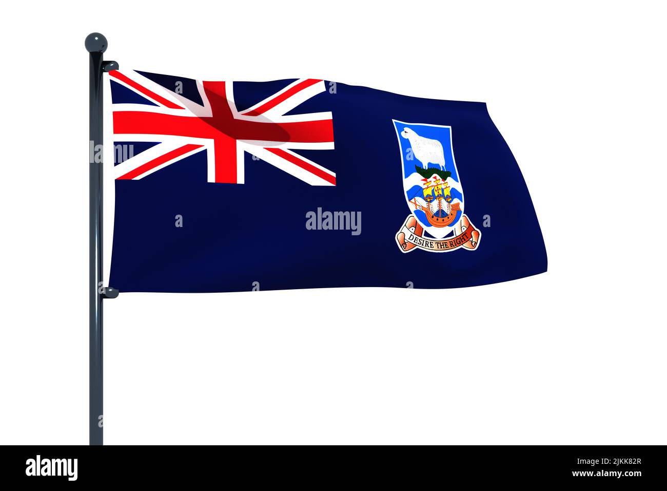 3D Abbildung der Flagge der Falklandinseln (Malvinas) mit verchromtem Fahnenmast mit Karabinerhaken, die in blauem Himmel schwenken. Weißer Hintergrund über einen Alphakanal Stockfoto