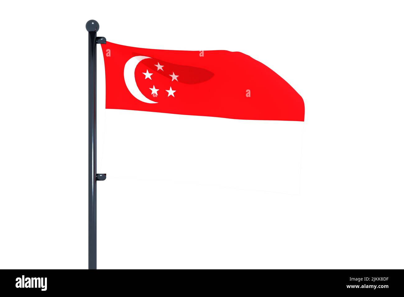 3D Abbildung der Flagge von Singapur mit verchromtem Fahnenmast mit Karabinerhaken, die in blauem Himmel winken. Weißer Hintergrund über einen Alphakanal von precisio Stockfoto
