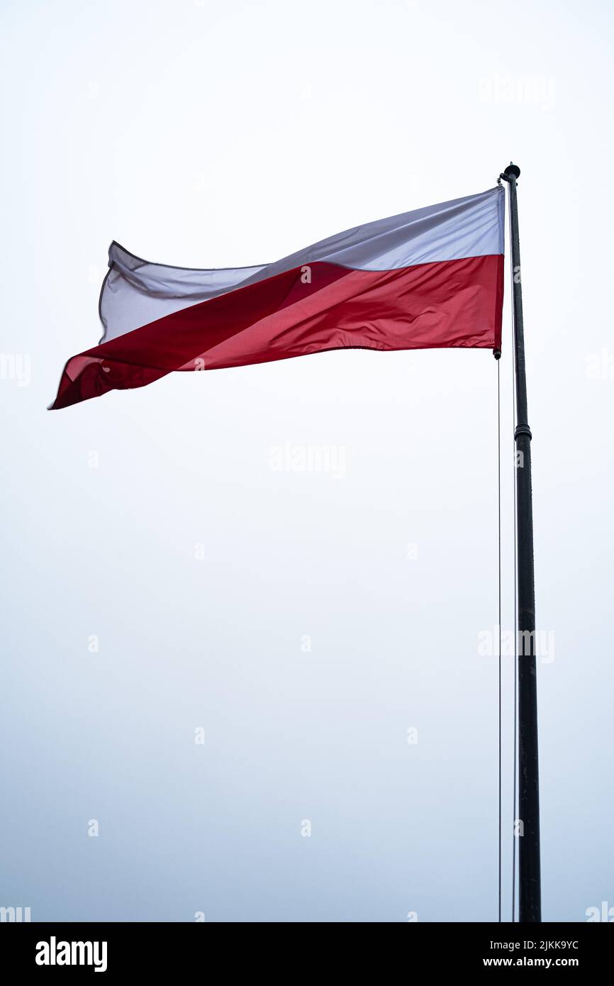 Eine vertikale Aufnahme der polnischen Nationalflagge auf weißem Hintergrund Stockfoto