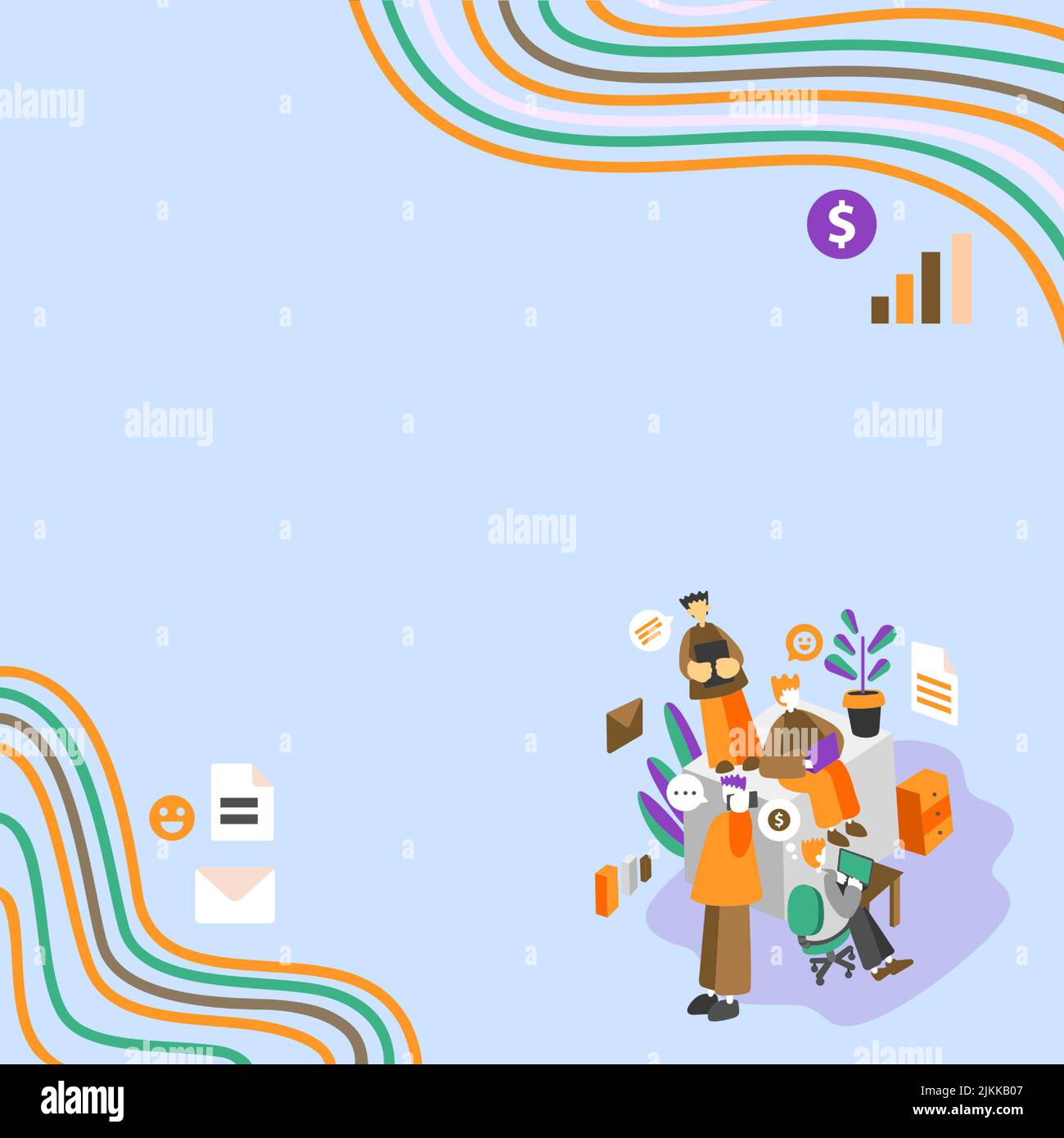 Geschäftsleute, Die Zusammen An Lap Tops Arbeiten, Einer Am Telefon. Gruppe Von Vier Freunden Im Büro, Die Arbeit Machen, Zwei Am Computer, Andere Am Mobiltelefon, Letzte Stock Vektor