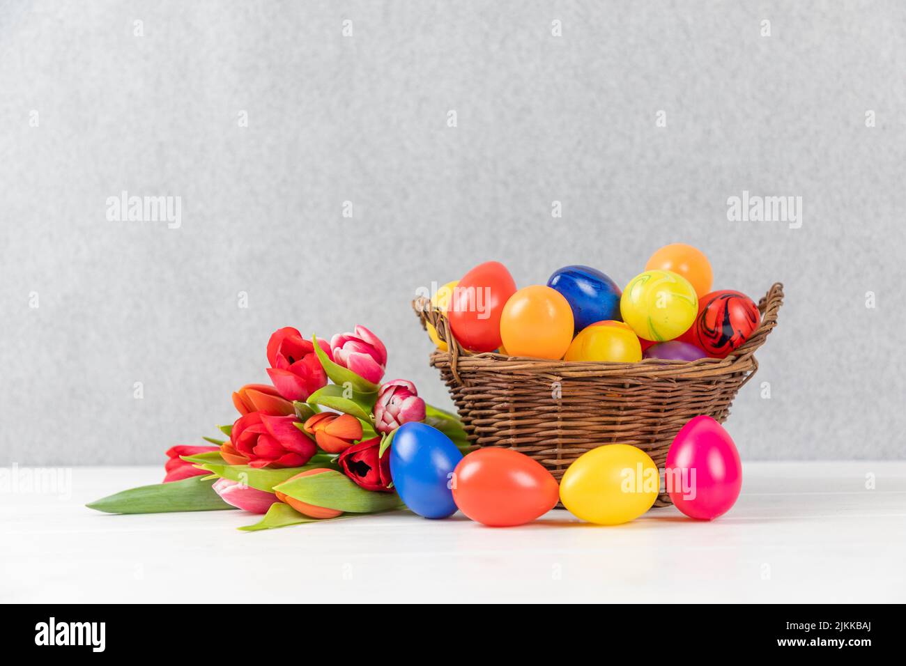 osternest mit bunten Eiern und Tulpen auf grauem Hintergrund Stockfoto