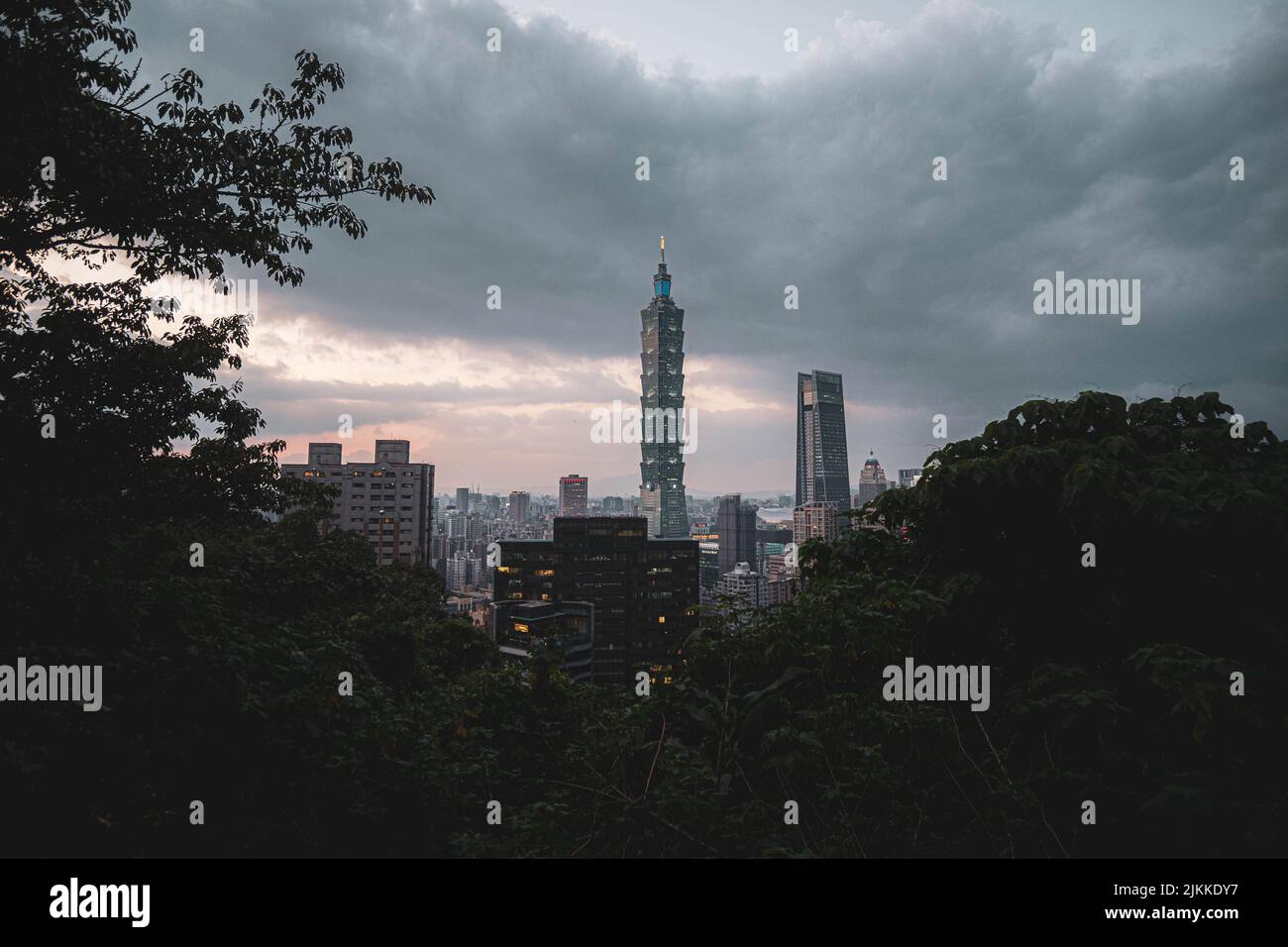 Ein malerischer Blick auf das Taipei 101 Observatorium gegen grüne Bäume in Taiwan an einem düsteren Tag Stockfoto