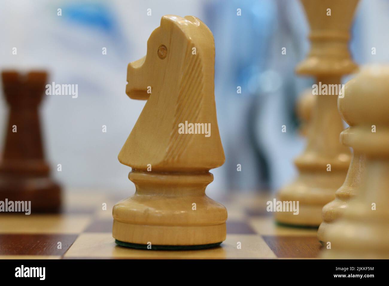 Nahaufnahme eines Ritterstückes während eines Schachspiels Stockfoto