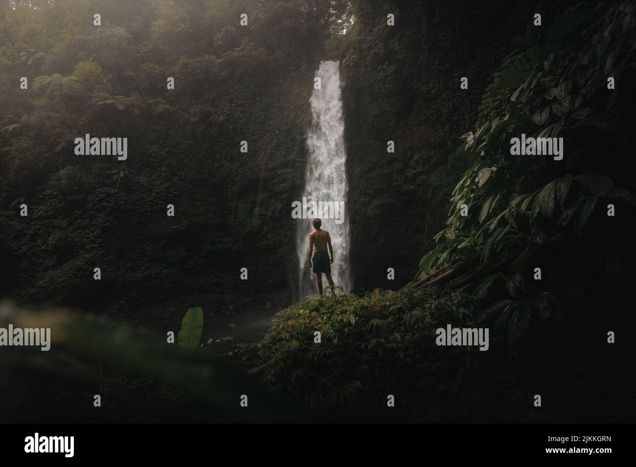 Ein Mann bewundert die Schönheit eines Wasserfalls im Wald an einem nebligen Tag Stockfoto
