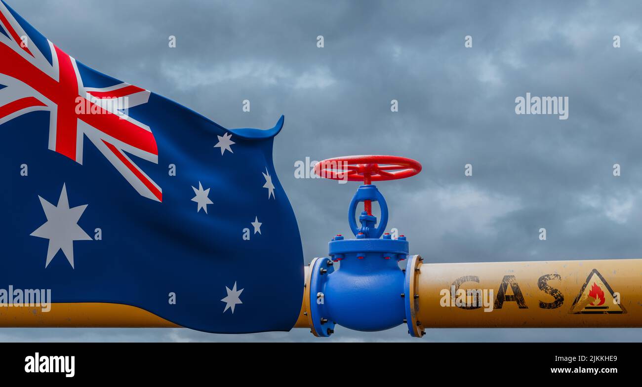 Australien Gas, Ventil an der Hauptgasleitung Australien, Pipeline mit Flagge Australien, Rohre von Gas aus Australien, 3D Arbeit und 3D Bild Stockfoto