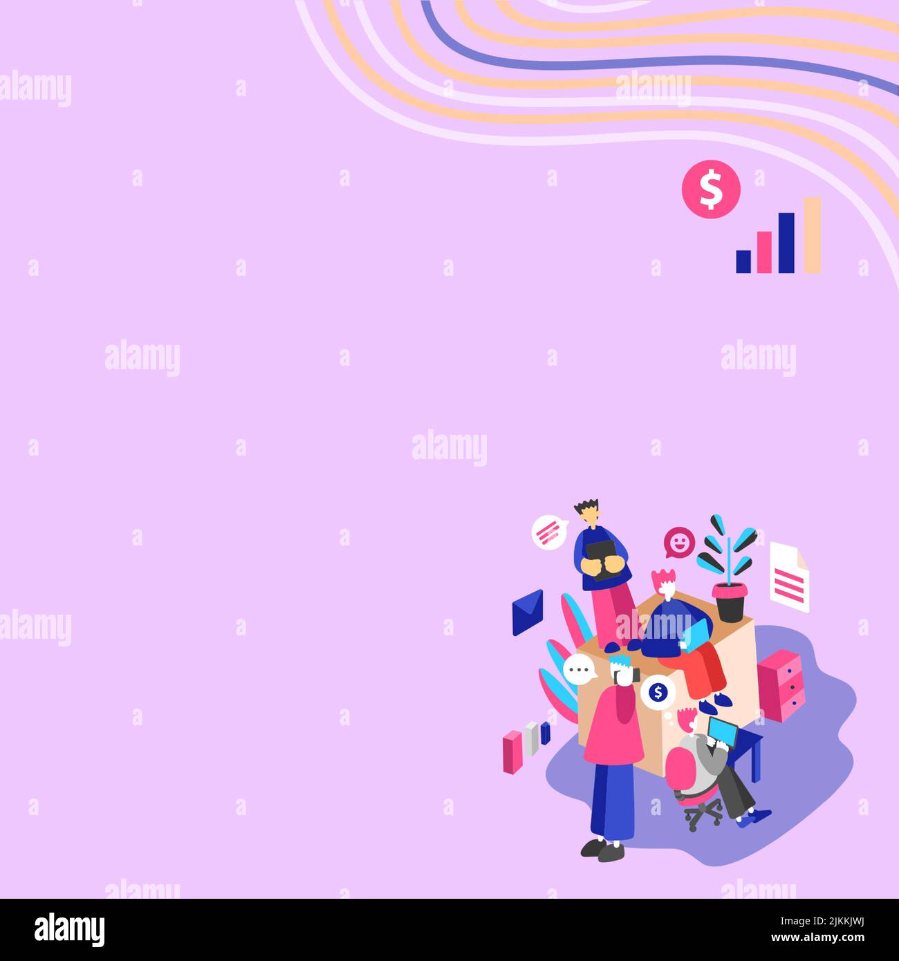 Geschäftsleute, Die Zusammen An Lap Tops Arbeiten, Einer Am Telefon. Gruppe Von Vier Freunden Im Büro, Die Arbeit Machen, Zwei Am Computer, Andere Am Mobiltelefon, Letzte Stock Vektor