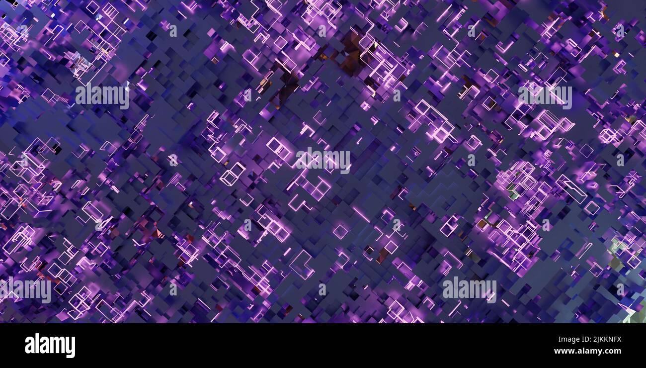 Abstrakt lila leuchtende Würfel Hintergrund. 3D Render eines rosa Netzwürfels Stockfoto