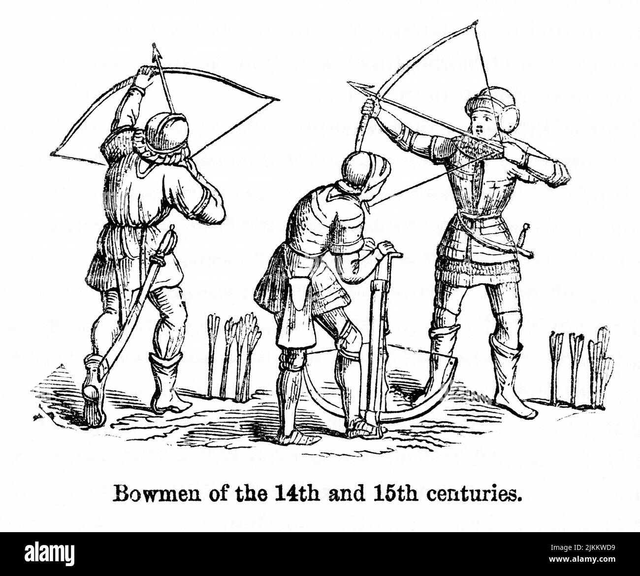 Bogenschützen des 14.. Und 15.. Jahrhunderts, Illustration aus dem Buch, „John Cassel’s Illustrated History of England, Volume II“, Text von William Howitt, Cassell, Petter und Galpin, London, 1858 Stockfoto