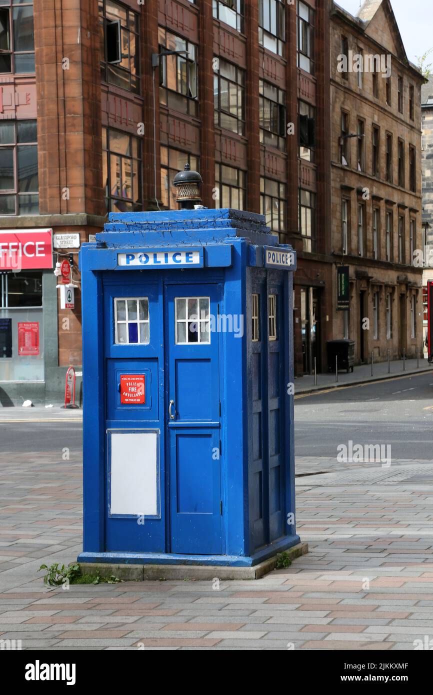 Wilson Street, Glasgow, Schottland, Großbritannien. Police Box in original blau lackiert. Stockfoto