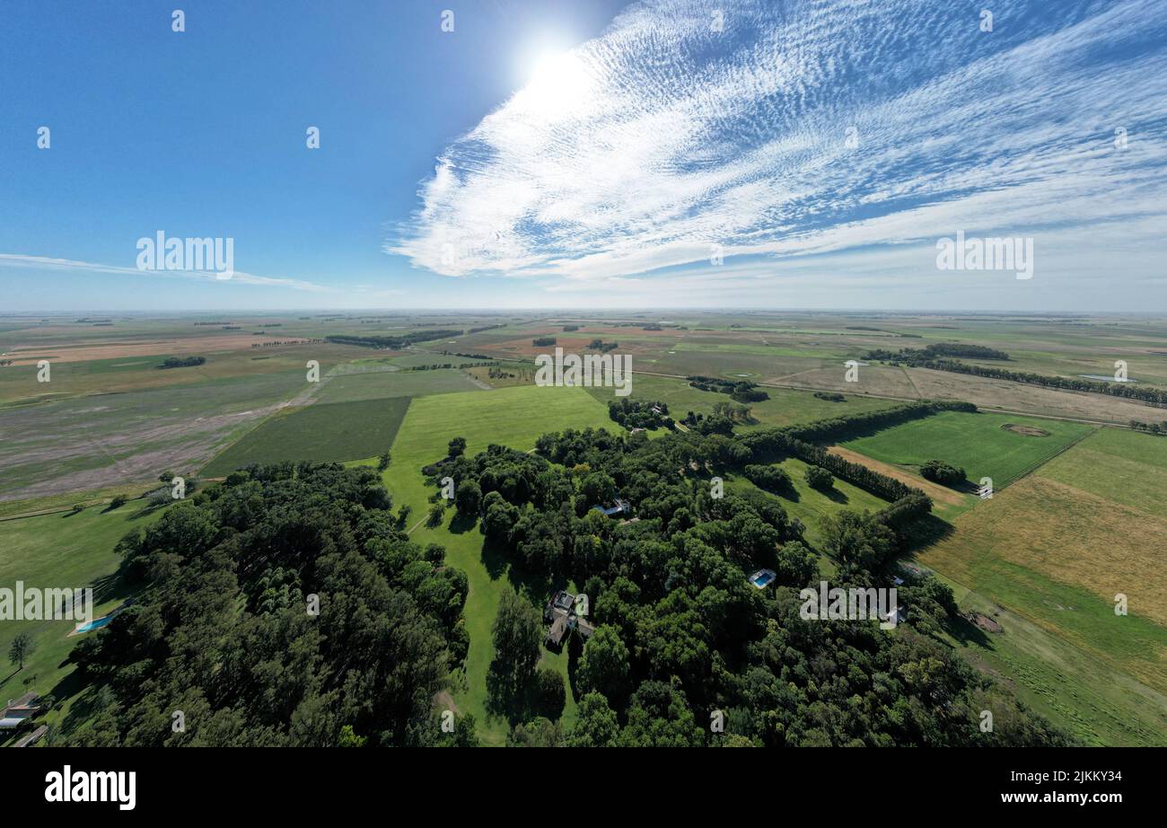 Luftaufnahme eines sonnigen blauen Himmels über Feldern in La Pampa, Argentinien Stockfoto