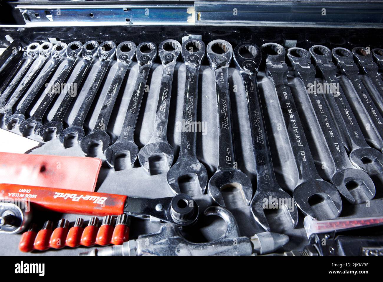 Ein Schraubenschlüssel für Mechanics Blue Point Tools in einer Werkstatt Stockfoto