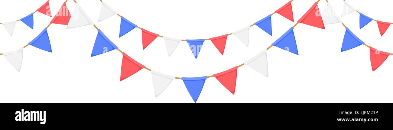 Flaggen-Girlande. Wiederholtes Party-Ammer-Muster. Triangle Feier Fahnen Kette. Weiße, blaue, rote Wimpel-Dekoration. Vektorfußzeile und Banner Stock Vektor