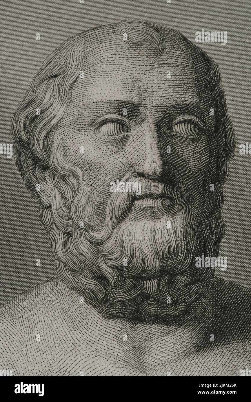 Plato (428/427 v. Chr.-348/347 v. Chr.). Griechischer Philosoph. Hochformat. Gravur von Geoffroy. „Historia Universal“, von César Cantú. Band I, 1854. Stockfoto