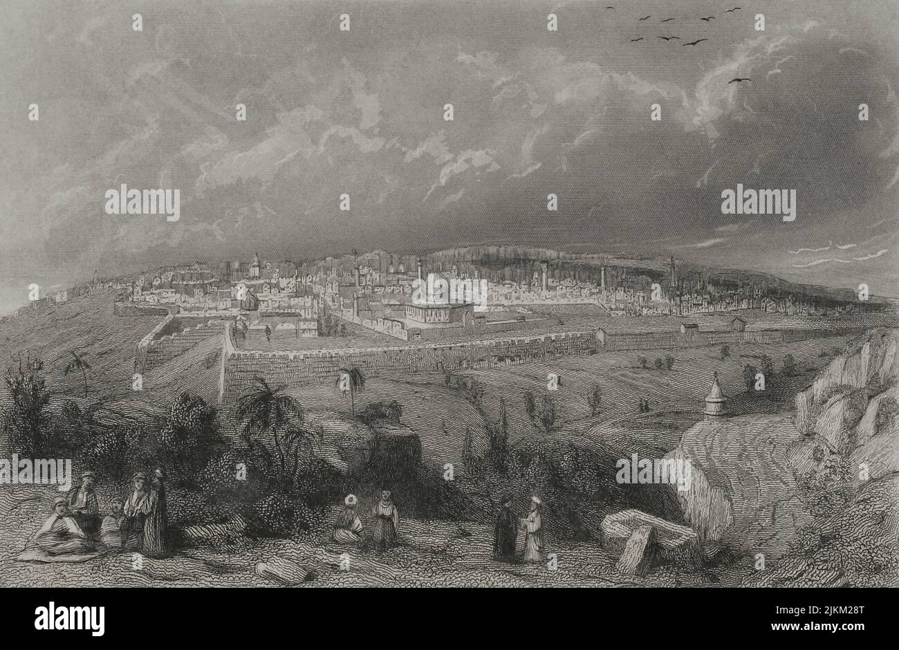Geschichte Israels. Jerusalem. Panoramablick auf die Stadt. Gravur. „Historia Universal“, von César Cantú. Band III, 1855. Stockfoto