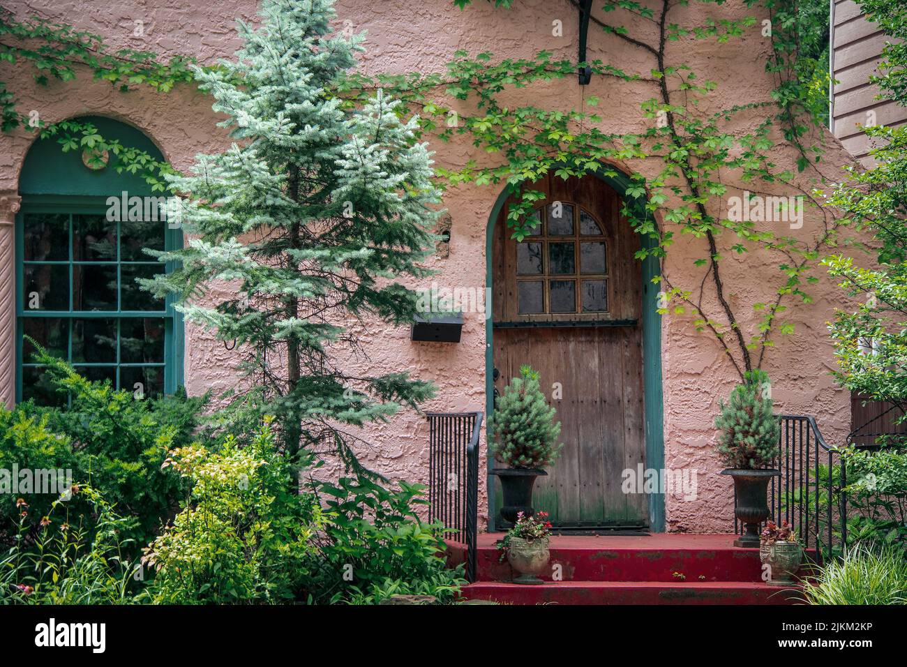Nahaufnahme der gewölbten Tür und Fenster auf rosa Stuckhaus mit Blumen auf der Veranda Hand Landschaftsbau und Reben auf Wal Stockfoto