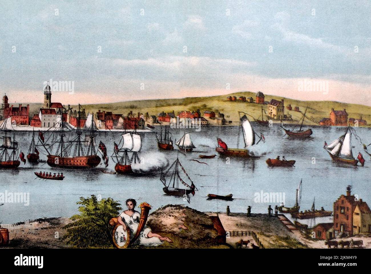Der früheste bekannte Rekord einer New Yorker Yacht - Colonel Morris möchte sich 1717 im East River, gegenüber des alten Schiffswerft-Fußes der Maiden Lane, nach hinten wenden Stockfoto
