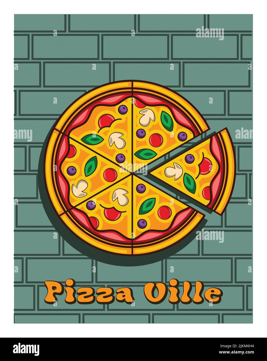 Eine vertikale Abbildung einer runden, sechsteiligen Pizza mit Pizza Ville-Text auf einem grünen Backstein-Hintergrund Stockfoto