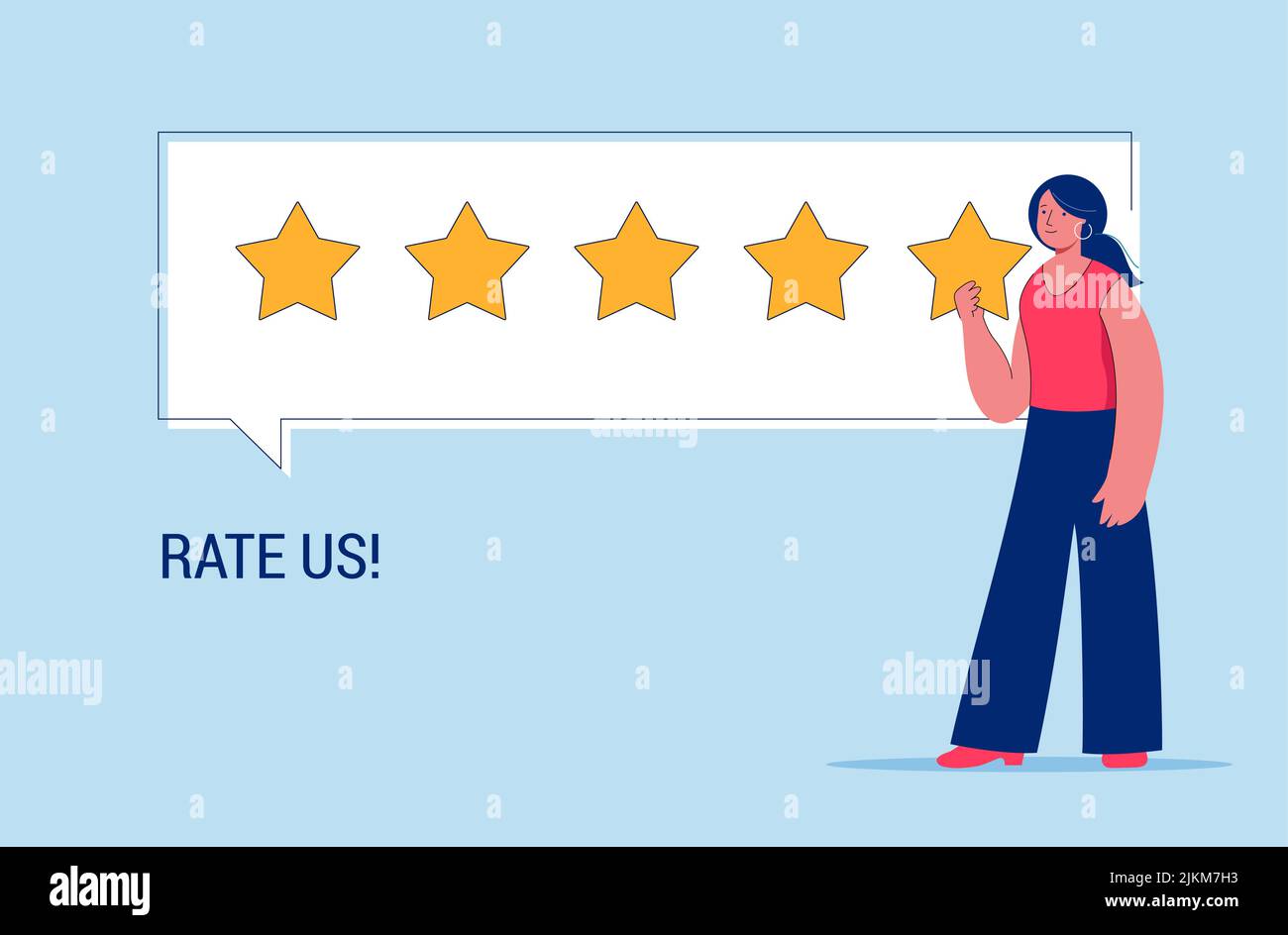Frau gibt Bewertung und Feedback. Kundenauswahl und Mitarbeiterfeedback. Bewertung Sterne Feedback einstufen. Unterstützung der Geschäftszufriedenheit. Stock Vektor