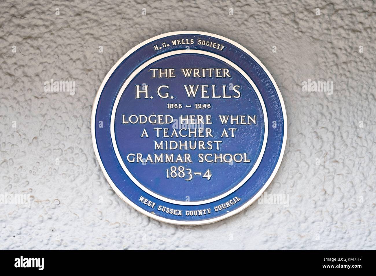 H G Wells Blue Plaque, Midhurst Grammar School, West Sussex, England, Großbritannien Stockfoto