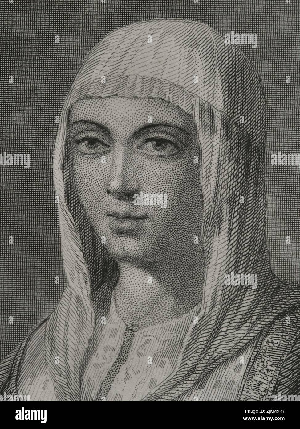 Isabella I. (1451-1504). Königin von Kastilien (1474-1504). Königin Gemahlin von Aragon für ihre Ehe mit Ferdinand II. Von Aragon. Hochformat. Gravur von Geoffroy. Details. Historia Universal, von César Cantú. Band IV, 1856. Autor: Charles Geoffroy (1819-1882). Französischer Gravierer. Stockfoto