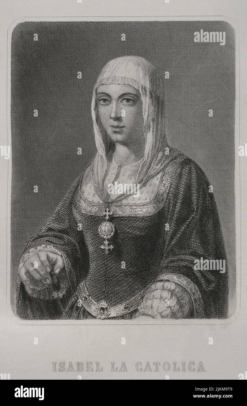 Isabella I. (1451-1504). Königin von Kastilien (1474-1504). Königin Gemahlin von Aragon für ihre Ehe mit Ferdinand II. Von Aragon. Hochformat. Gravur von Geoffroy. Historia Universal, von César Cantú. Band IV, 1856. Autor: Charles Geoffroy (1819-1882). Französischer Gravierer. Stockfoto