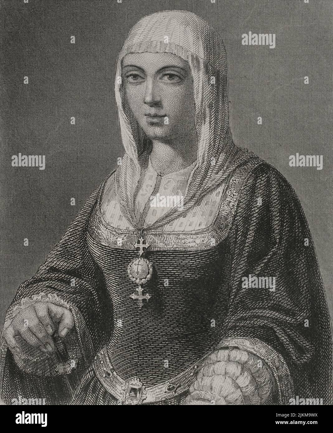 Isabella I. (1451-1504). Königin von Kastilien (1474-1504). Königin Gemahlin von Aragon für ihre Ehe mit Ferdinand II. Von Aragon. Hochformat. Gravur von Geoffroy. Historia Universal, von César Cantú. Band IV, 1856. Autor: Charles Geoffroy (1819-1882). Französischer Gravierer. Stockfoto