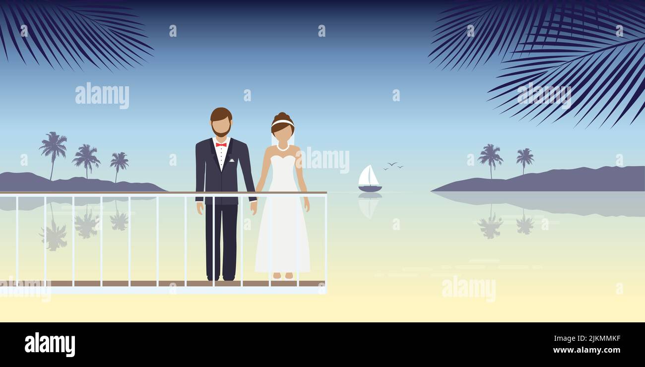Verheiratetes Paar auf der Brücke am Meer romantisches Sommerferiendesign Stock Vektor