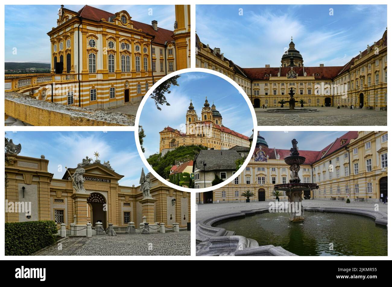 Stift Melk ist eine Benediktinerabtei in Melk, Österreich. Kloster auf einem Felsvorsprung mit Blick auf die Donau Stockfoto