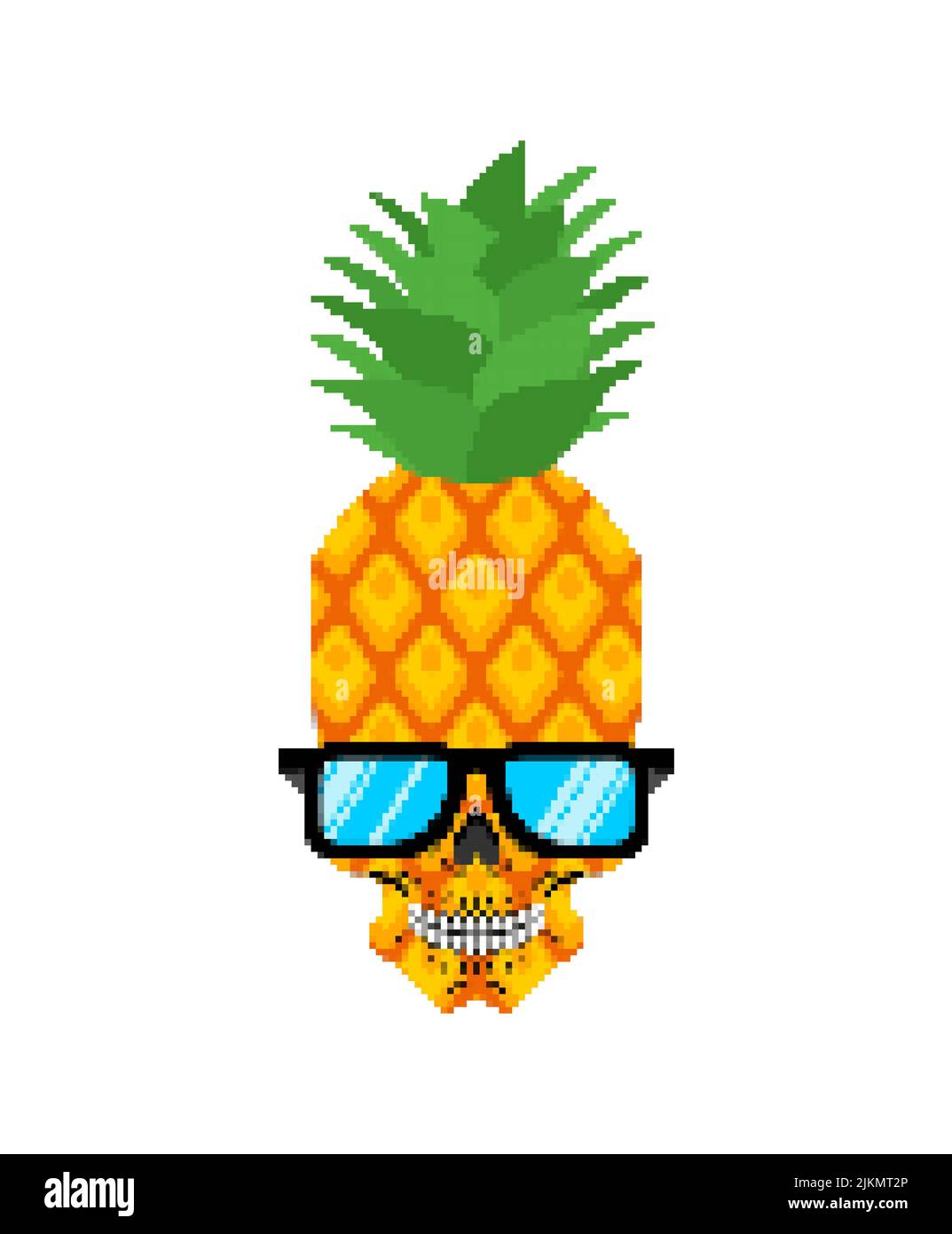 Ananas Schädel Pixel Kunst. Skelettkopf und tropische Frucht 8 Bit. Pixelige Vektor-Illustration Stock Vektor