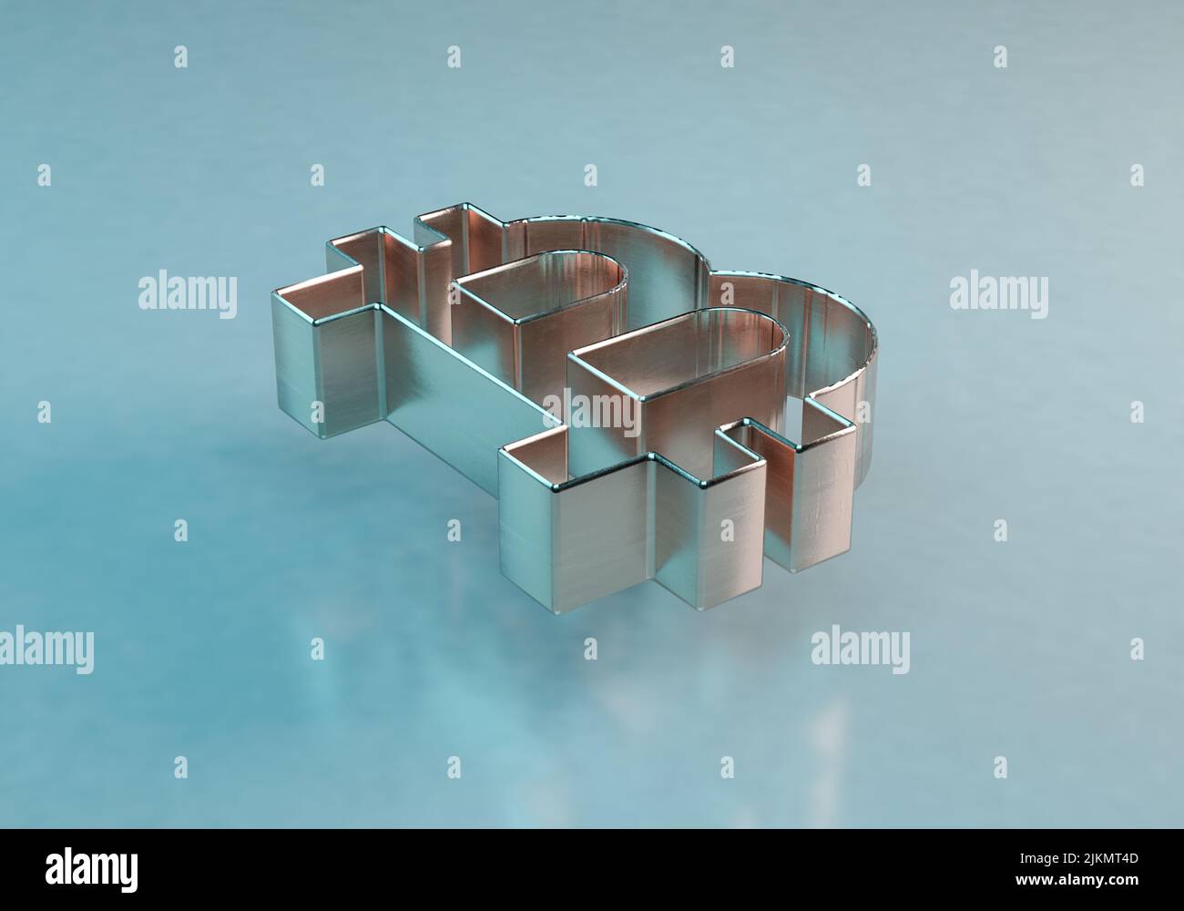Eine Darstellung des Bitcoin-Zeichens aus dem Jahr 3D auf einem gespiegelten Hintergrund Stockfoto