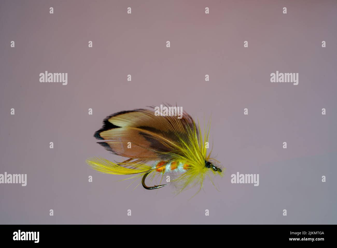 Eine gefesselte, flauschige gelbe Angelfliege lockt isoliert auf einem blauen Hintergrund Stockfoto