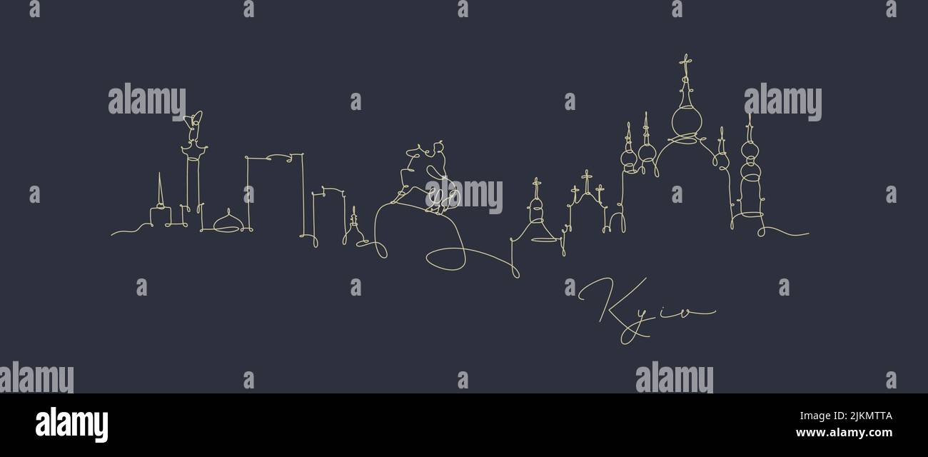City Silhouette Kiew Ukraine in Stift Linie Stil Zeichnung mit beigen Linien auf dunkelblauem Hintergrund Stock Vektor