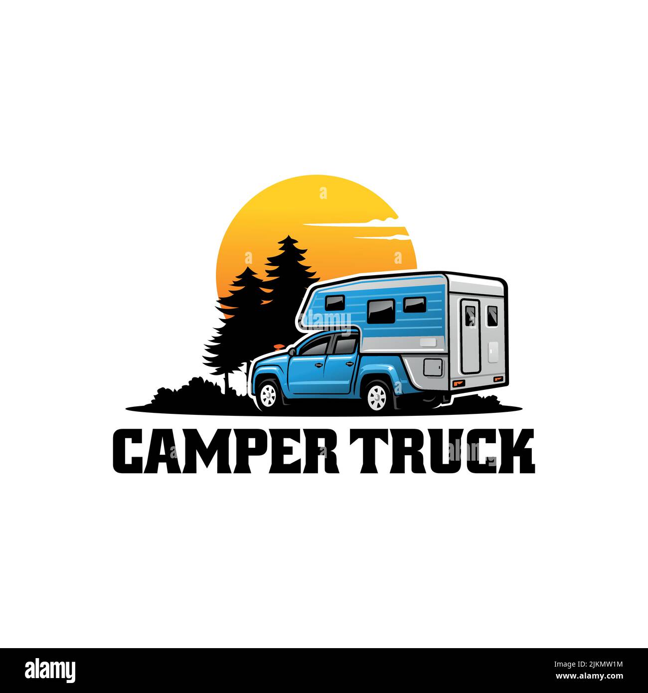 Logo-Design mit blauem Camper-Truck und orangefarbenem Sonnenuntergang mit Bäumen Stock Vektor