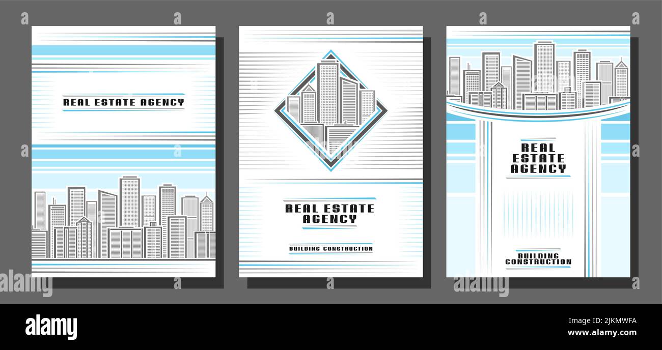 Vector Flyers Set, 3 Booklets mit Platz für Text auf Skyline-Stadtbild-Hintergrund, drei Minimal-Design-Flyer-Vorlagen für den Gebäudebau Stock Vektor