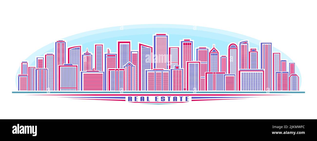 Vektor-Illustration von Real Estate Skyline, dekoratives Banner mit linearem Design Moderne Skyline Stadtbild, Urban Line Kunstkonzept auf blauem Himmel Backgrou Stock Vektor