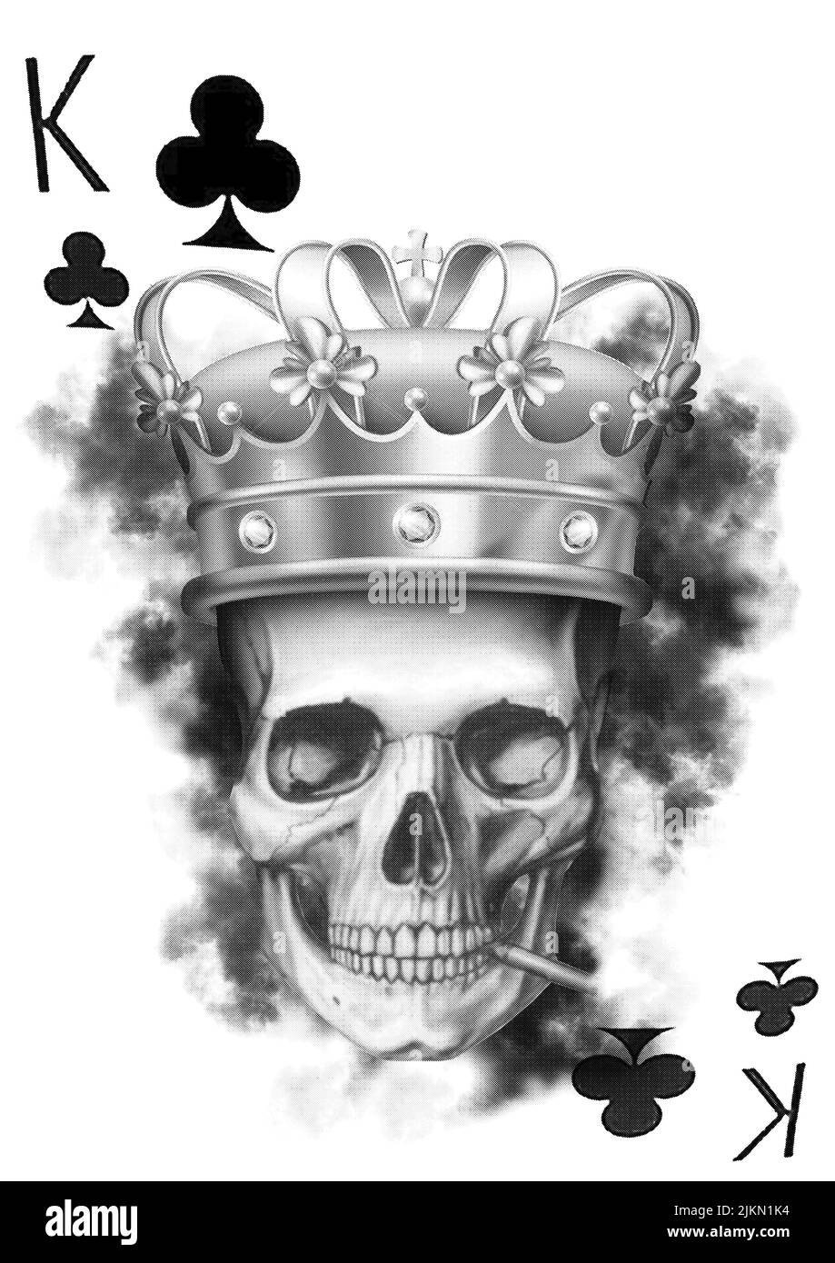 Eine vertikale Graustufenaufnahme einer Spielkarte mit Totenkopf-Design mit einer Zigarette und einer Krone Stockfoto