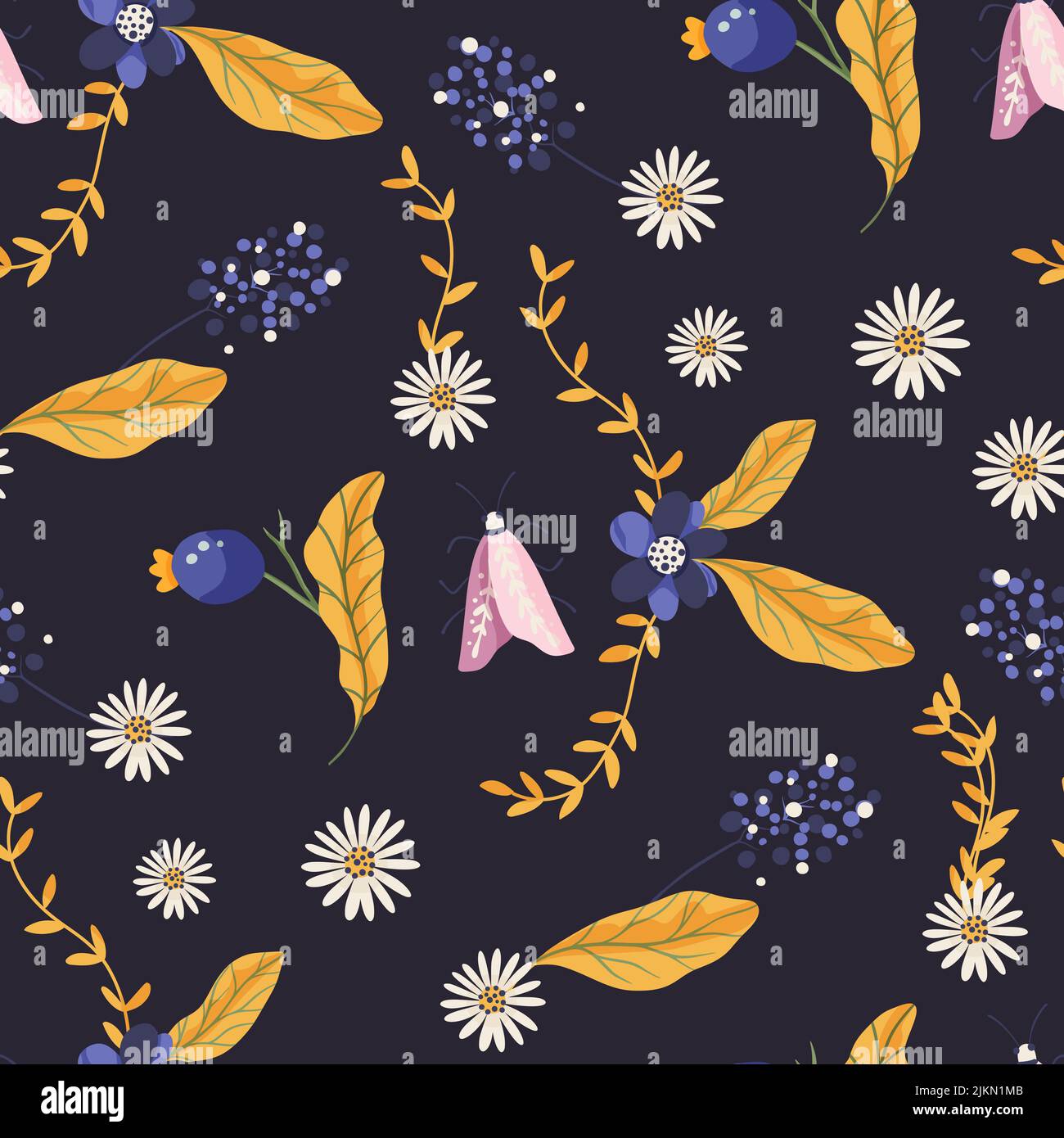 Motte Schmetterling Blume Beere Wald nahtlose Vektor-Muster. Blumen vintage wild Natur Hintergrund. Stock Vektor