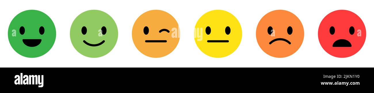 Set von bunten Emoticons mit verschiedenen Stimmungen. Feedback-Konzept. Vektordarstellung auf weißem Hintergrund isoliert Stock Vektor