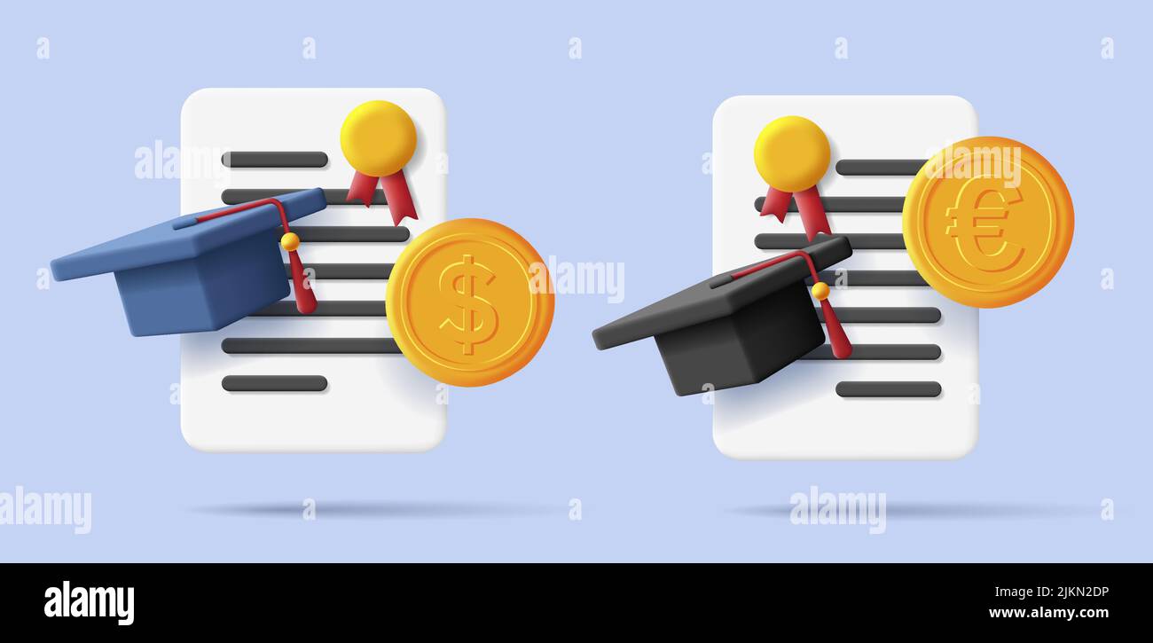 3D Diploma-Ikonen mit Stempel und Abschlusshut mit Goldmünze. Vektorgrafik Stock Vektor