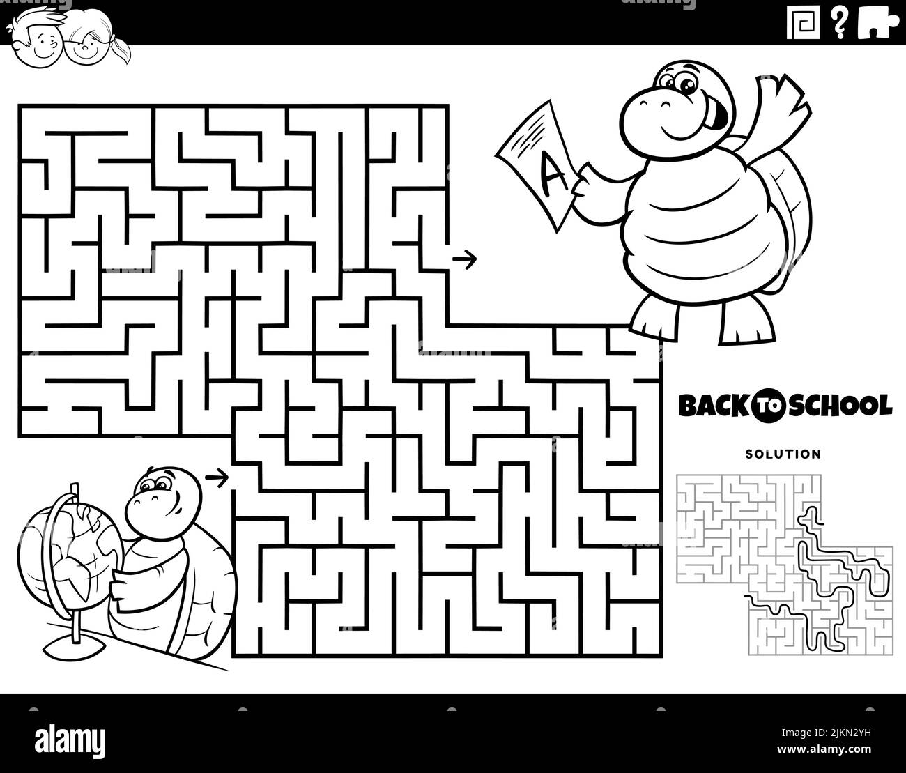 Schwarz-Weiß-Cartoon-Illustration der pädagogischen Labyrinth Puzzle-Spiel für Kinder mit Schildkröte Schüler Studium für eine Geographie Test Färbung Seite Stock Vektor