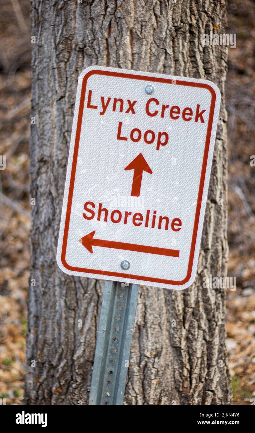 Eine Nahaufnahme des Lynx Creek Loop Sign am Fain Park in Prescott Valley, Arizona mit einem Küstenpfeil Stockfoto
