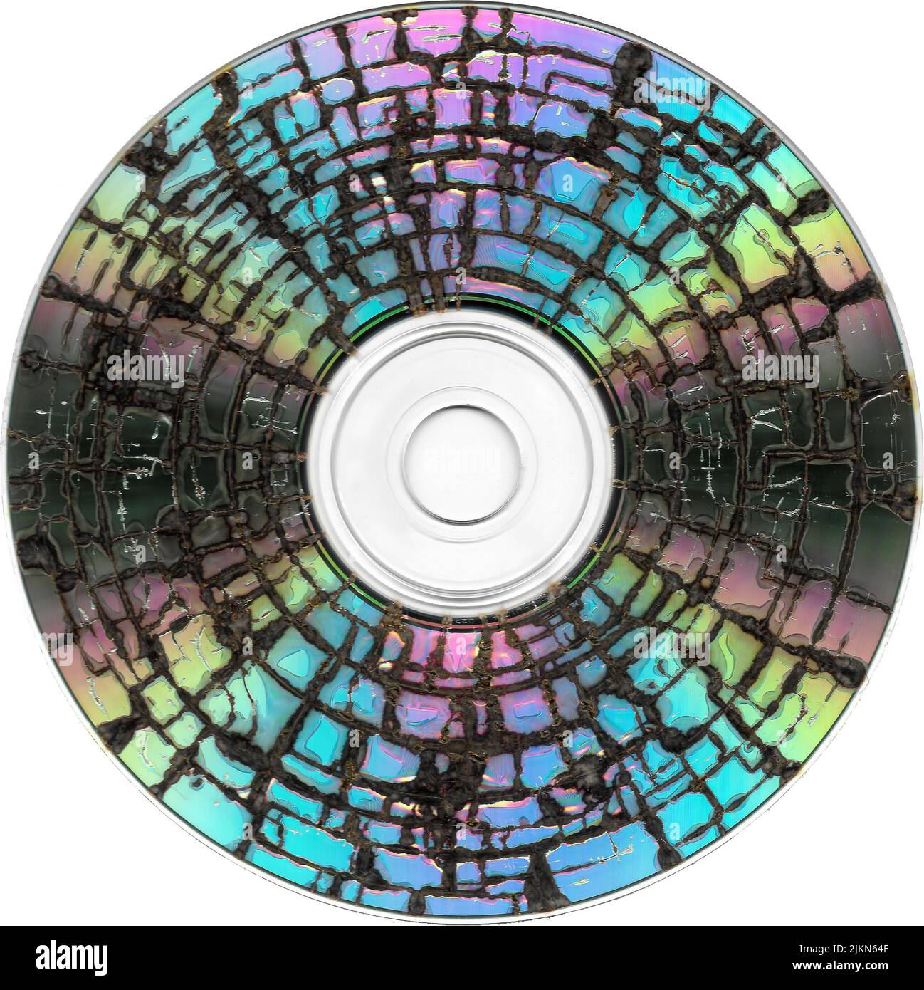 Die zerbrochene CD-Disc mit einer Regenbogenfarbpalette Stockfoto