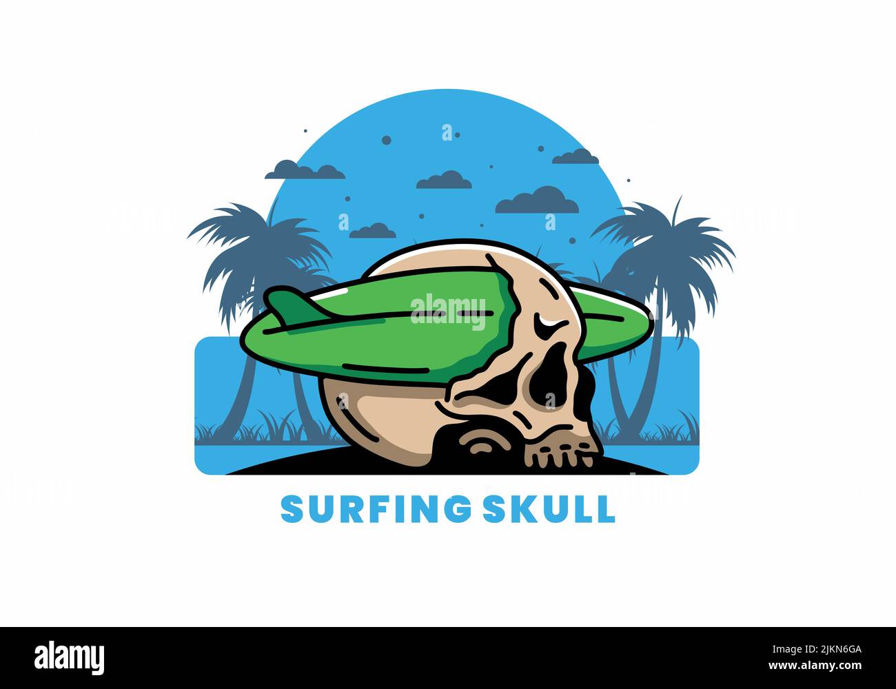 Illustration Design eines Surfbretts, das den Schädel durchbohrt Stock Vektor