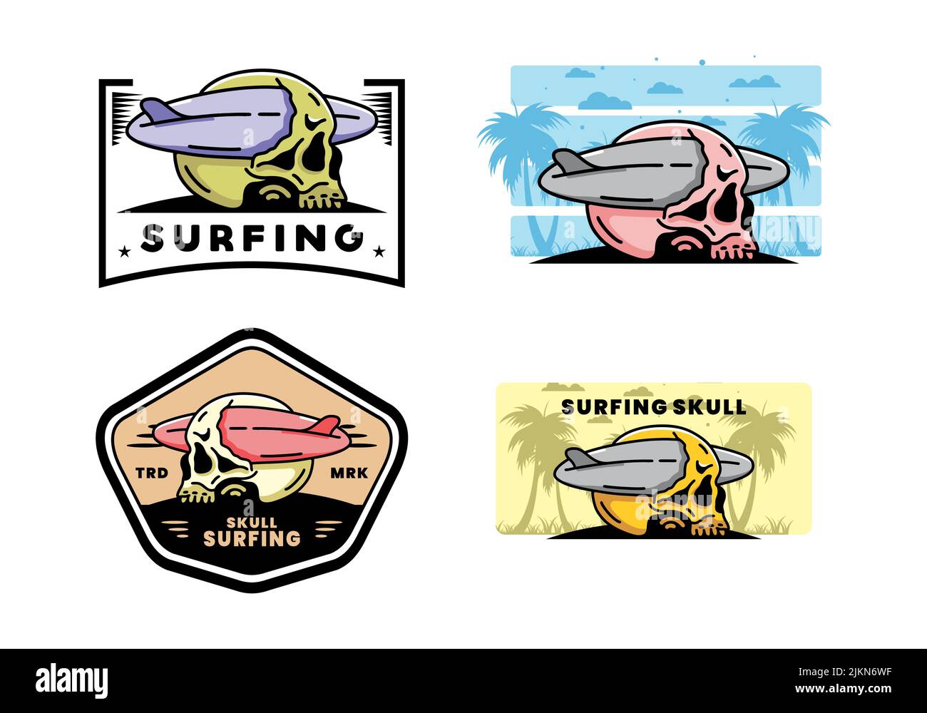 Illustration Design eines Surfbretts, das den Schädel durchbohrt Stock Vektor