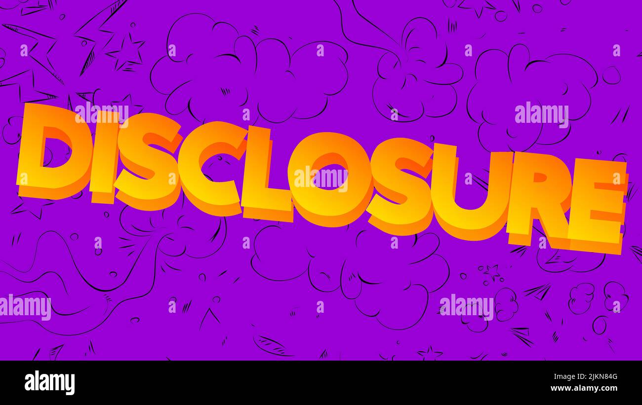 Offenlegung. Wort mit Kinderschrift im Cartoon-Stil geschrieben. Stock Vektor